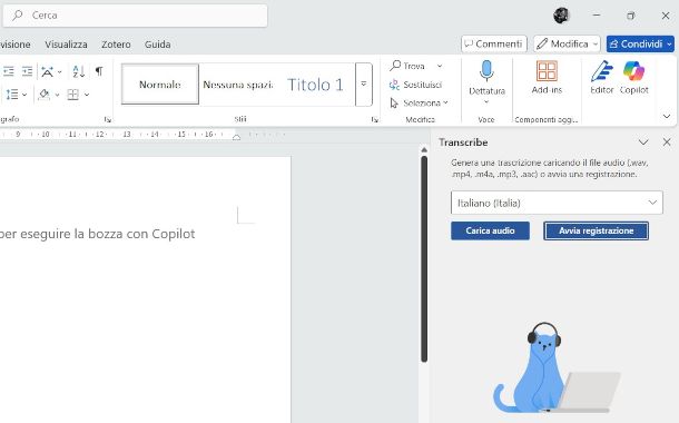 funzione Trascrizione su Word