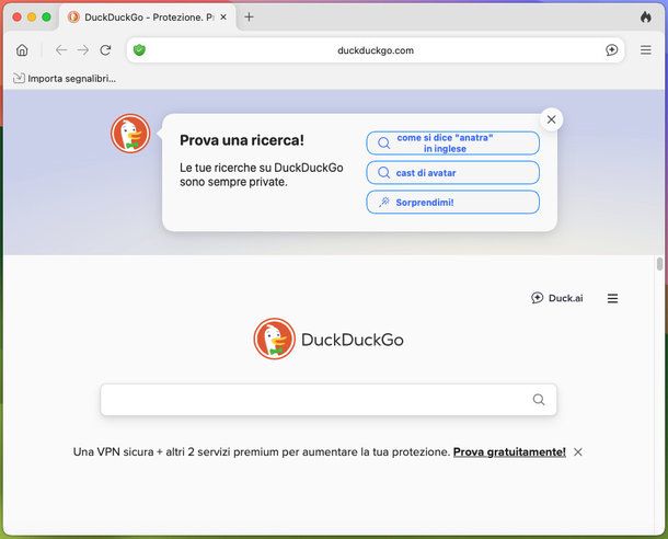 Schermata di benvenuto del browser DuckDuckGo su Mac