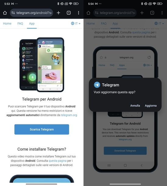 Aggiornare app Telegram senza Play Store