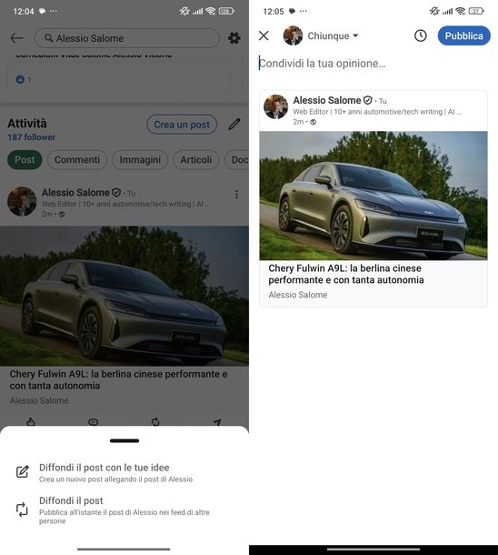 Ripostare un post LinkedIn Android