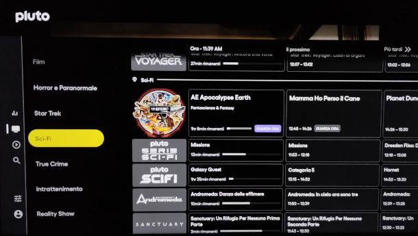 schermata canali Pluto TV
