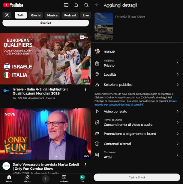 schermate app YouTube per pubblicazione Shorts