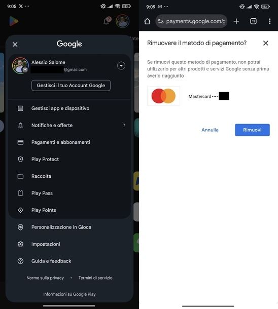 Togliere carta di credito da Play Store Android