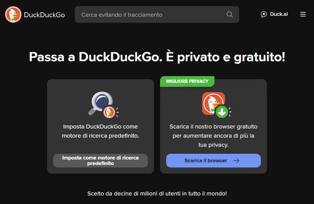 Schermata di benvenuto di DuckDuckGo