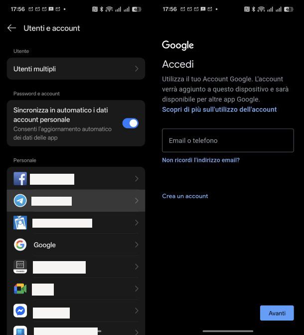 Aggiunta account Google su Android
