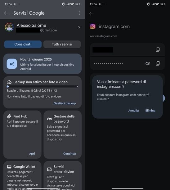 Rimuovere dati accesso Instagram gestore password Google