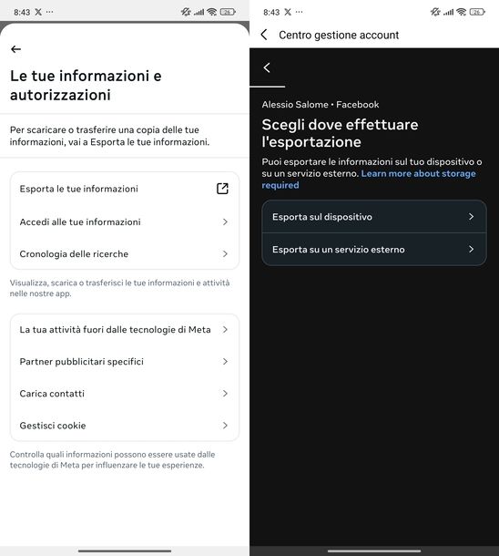 Backup dati account Facebook Android