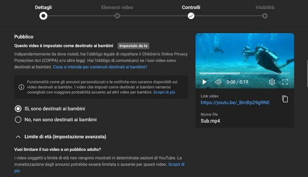 schermata YouTube Studio per selezione contenuto destinato ai bambini
