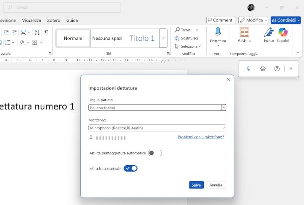 finestra impostazioni dettatura Word