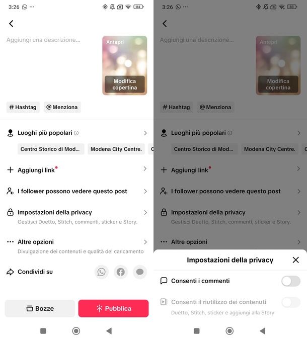 disattivare commenti prima della pubblicazione TikTok app
