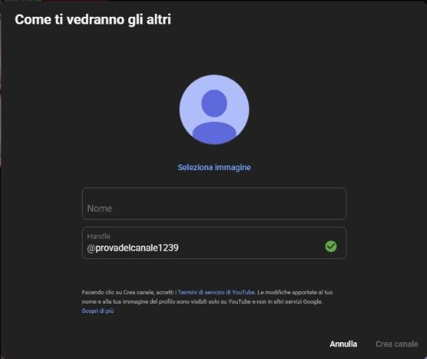 Creazione canale YouTube