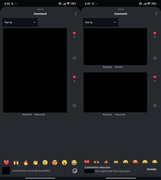 Nascondere miei commenti Instagram Android