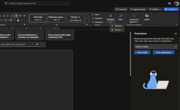 funzioni dettatura e trascrizione su Word online