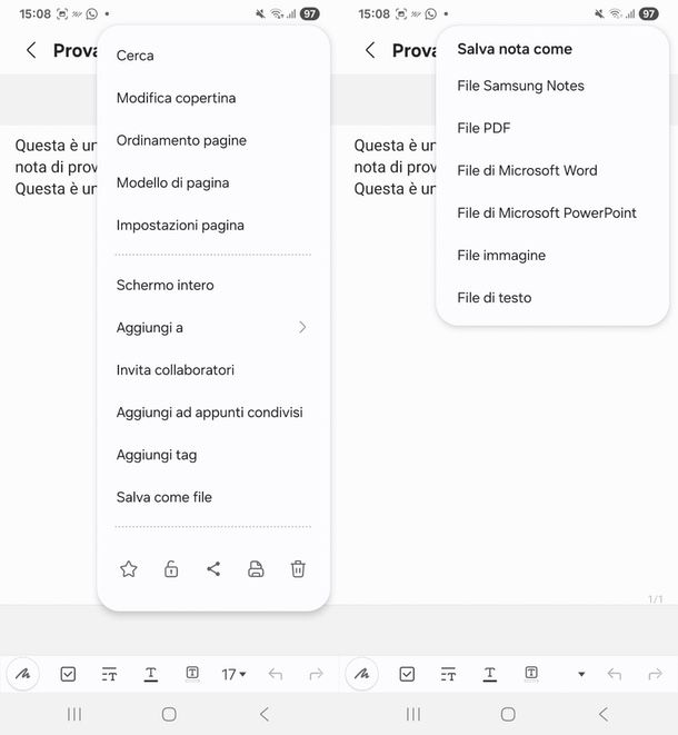 Notes Samsung convertire nota in PDF