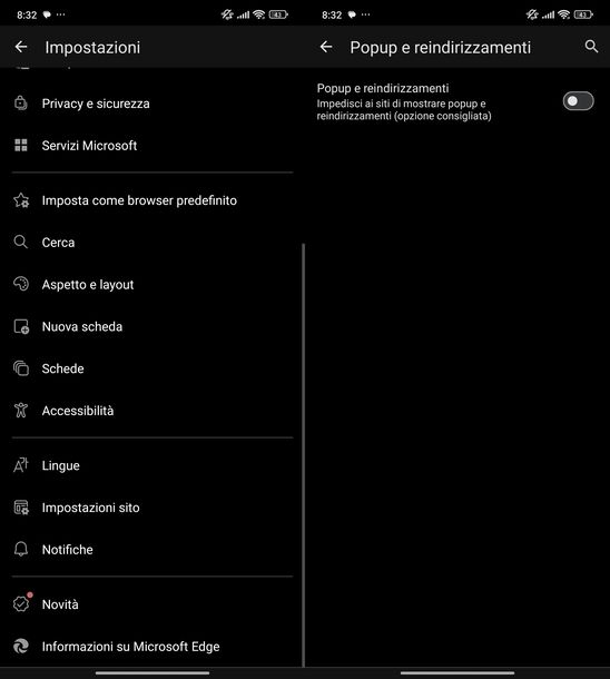 Eliminare popup Microsoft Edge Android