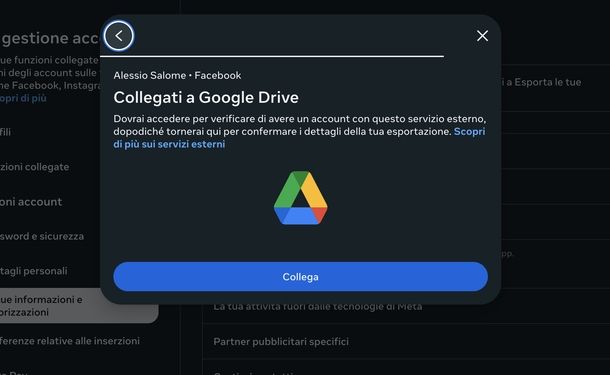 Backup dati account Facebook Web