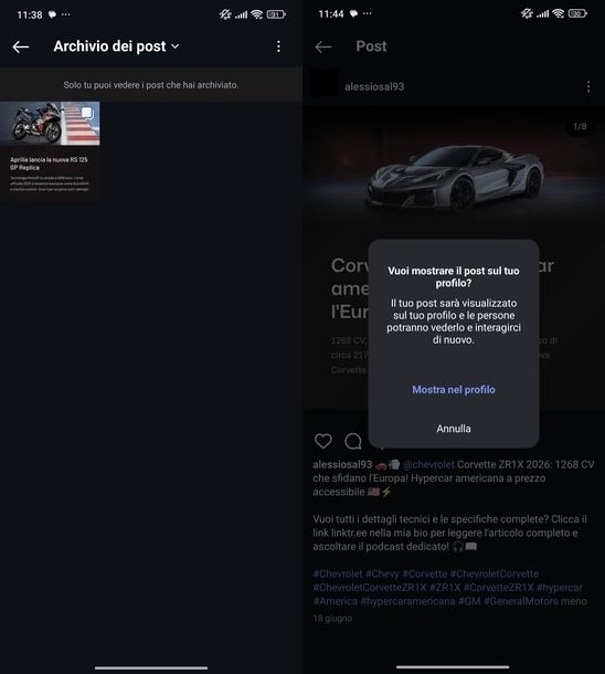 Ripostare post archiviato Instagram Android