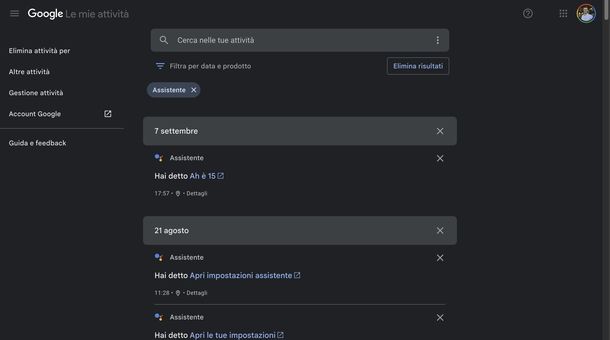 Eliminare attività voce Web