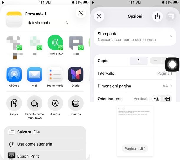 trasformare nota in PDF iPhone Stampa