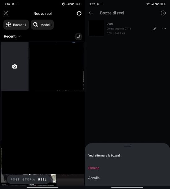 Eliminare bozze Reel Instagram Android