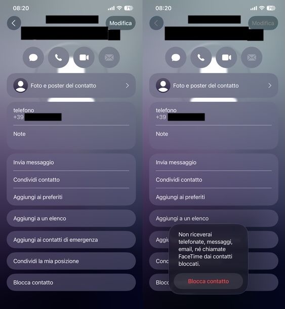 Inibire chiamata Contatti iOS