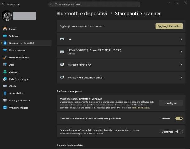 Stampanti e scanner su Windows 11