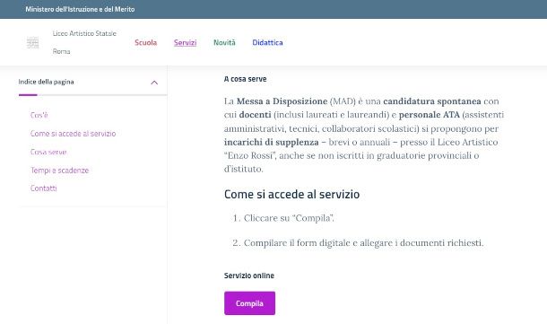 pagina di un sito scolastico con disposizioni per la MAD