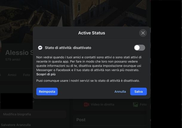Disattivare Stato di attività Facebook Web