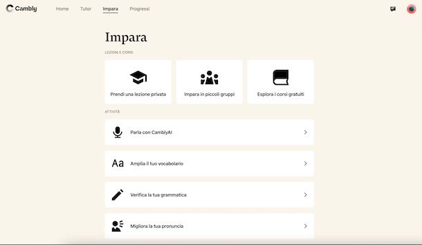 Sezione Impara su Cambly