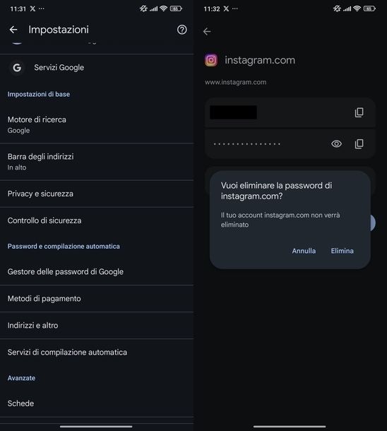 Cancellare dati accesso Instagram Google Chrome Android