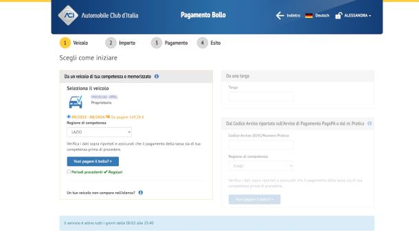 schermata iniziale procedura pagamento bollo su Bollonet
