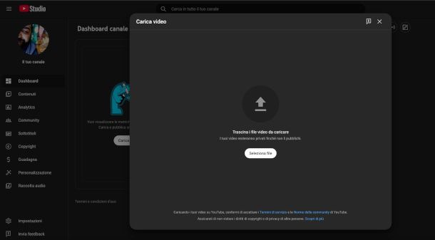 interfaccia YouTube Studio
