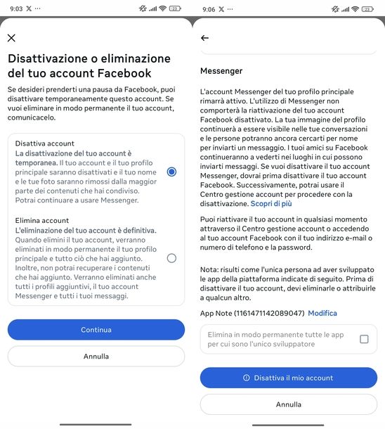 Cancellare account Facebook temporaneamente Android