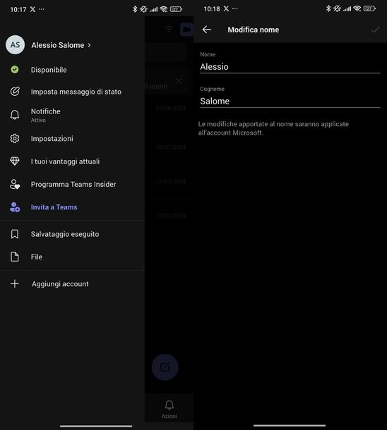 Cambiare nome account Microsoft Teams Android
