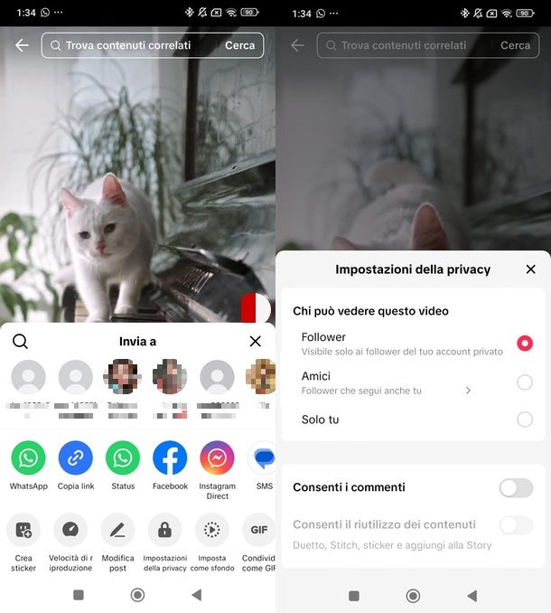 disattivare commenti TikTok app video già pubblicato