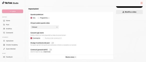 come disattivare i commenti TikTok prima della pubblicazione PC