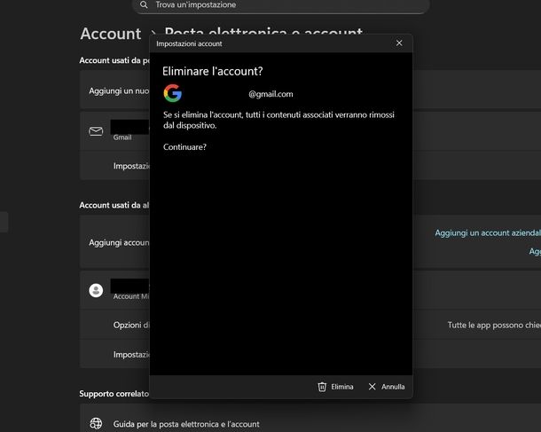 Cancellare account Gmail Windows