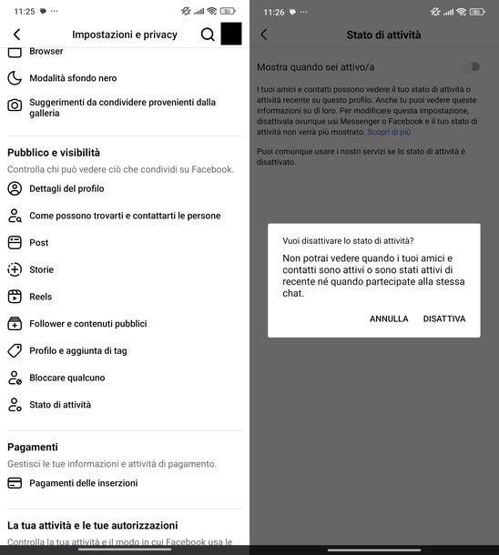 Disattivare Stato di attività Facebook Android