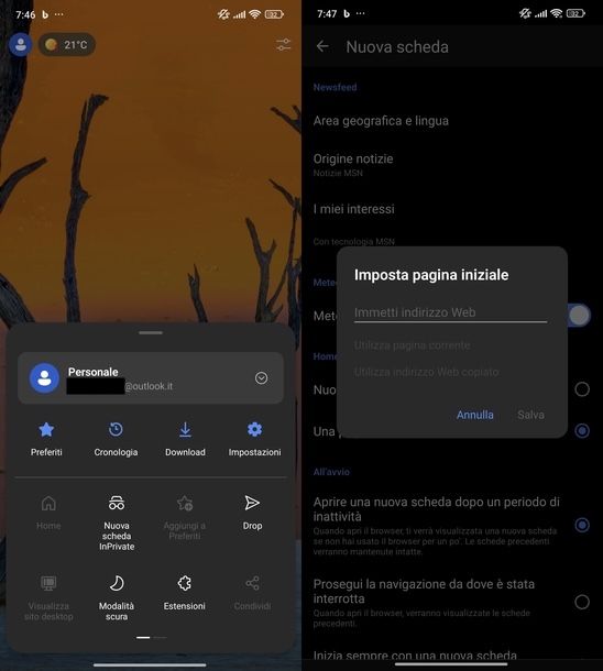 Modificare pagina iniziale Microsoft Edge Android