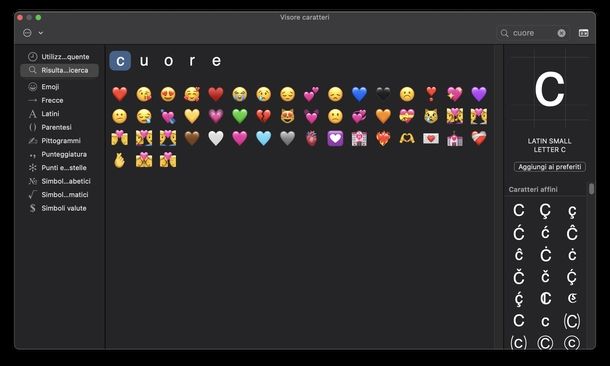 Fare emoticon cuore macOS