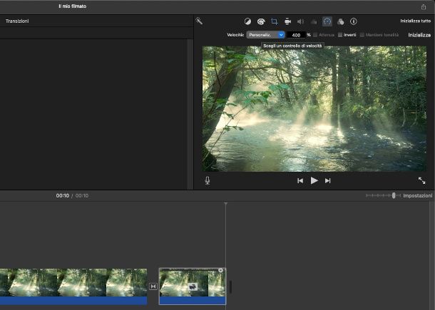 interfaccia iMovie con funzione per gestione della velocità