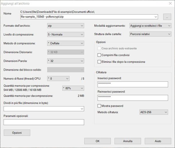 Impostare una password per un archivio .zip in 7-zip