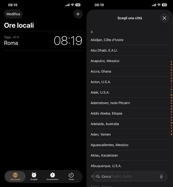 Aggiungere fuso orario app Orologio Apple