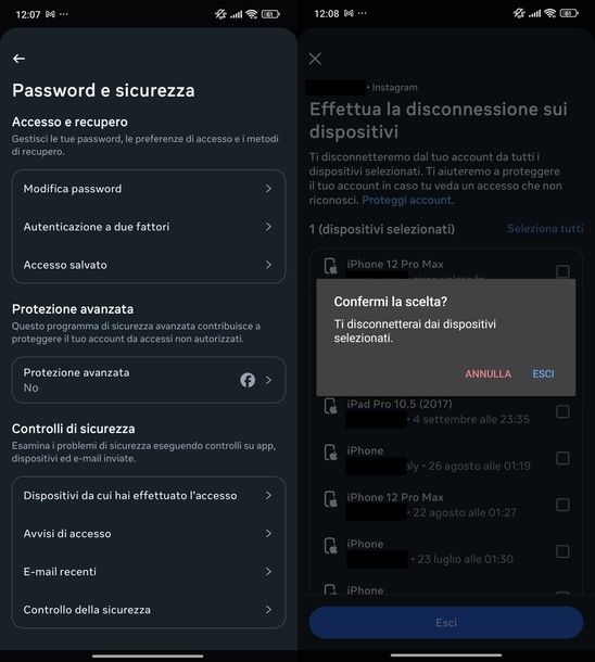 Cancellare attività accesso Instagram Android