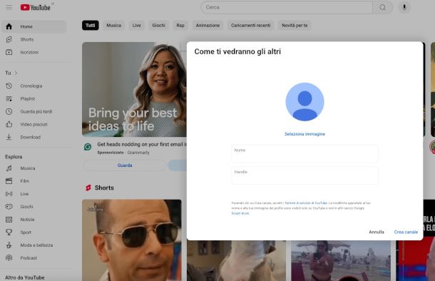 creazione canale YouTube