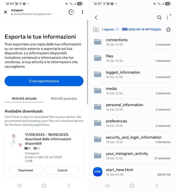 esportare dati profilo Instagram