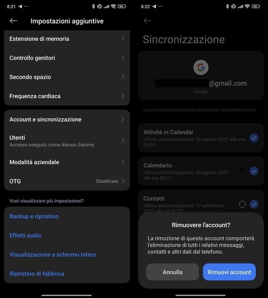 Cancellare account Gmail Android