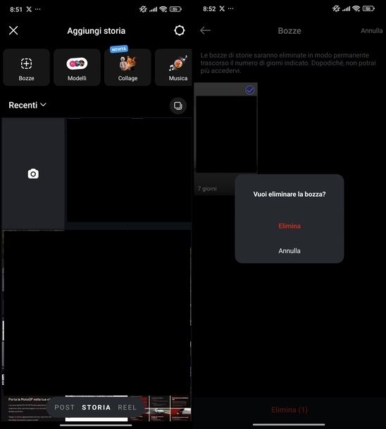 Eliminare bozze Storie Instagram Android