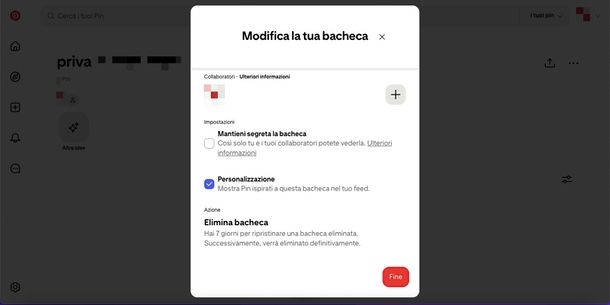 eliminare bacheca Pinterest PC