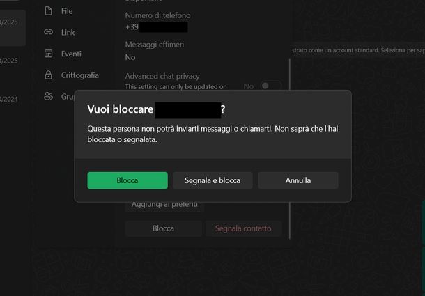 Inibire chiamata WhatsApp Windows